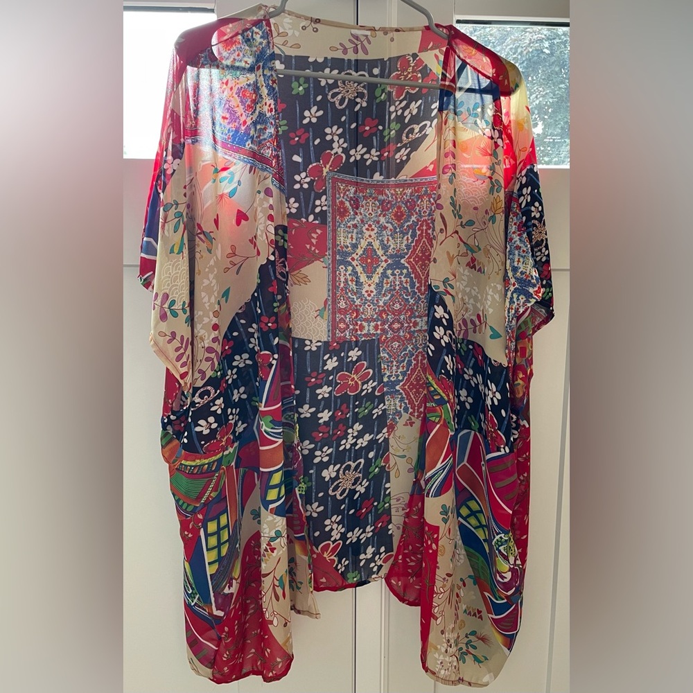 Patchwork mixed media kimono OS red blue floral birds boho bohemian